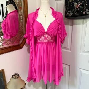 Y2K In Bloom Hot Pink Floral Embroidered Sheer Ruffle Mesh Slip Dress & Robe Set